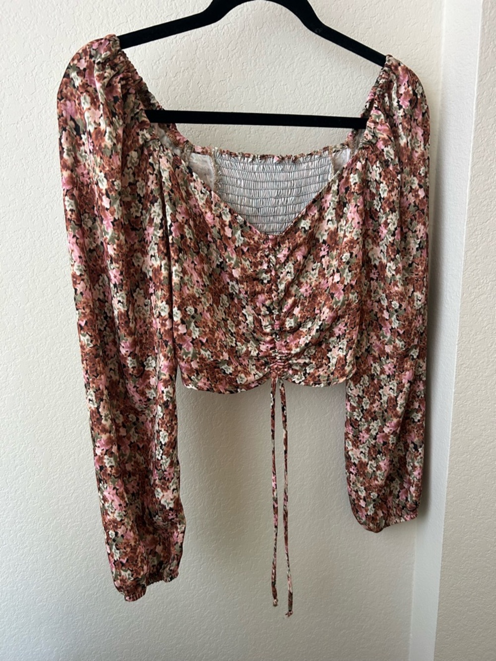 RESA Pink & Brown Floral Ruched Tie-Front Crop Top